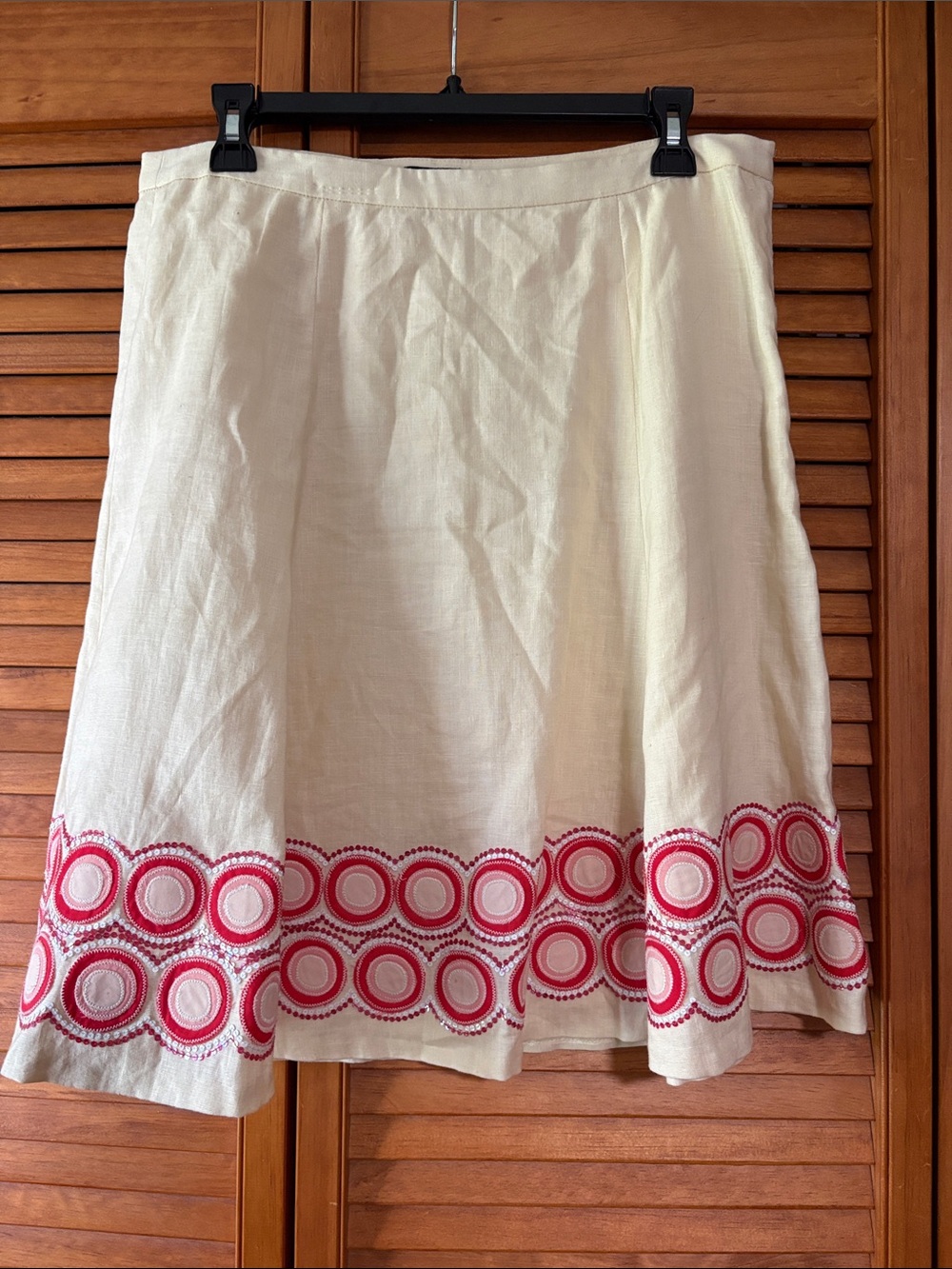 J. Crew Cream A-Line Skirt with Pink Circular Embroidery